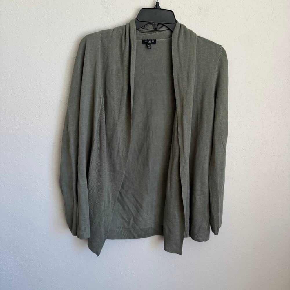 Talbots Green Linen Blend Open Front Cardigan Women SP Lightweight Spring Staple